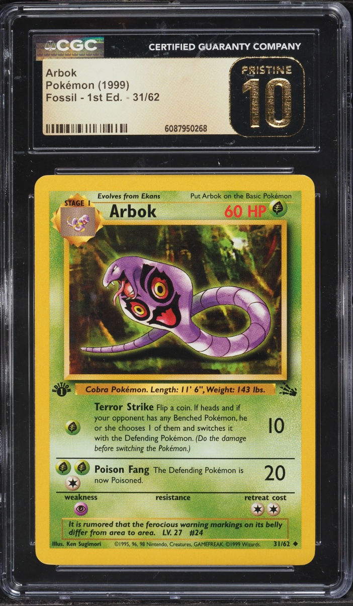1999 Pokemon Fossil 1st Edition Arbok #31 CGC 10 PRISTINE