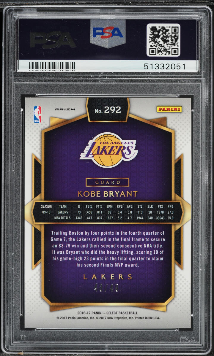 2016 Select Copper Prizm Kobe Bryant /49 #292 PSA 10 GEM