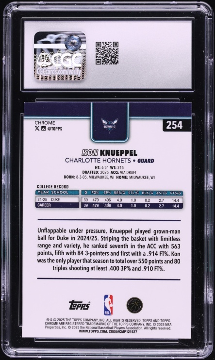 2025 Topps Chrome Kon Knueppel ROOKIE #254 CGC 8 NM-MT