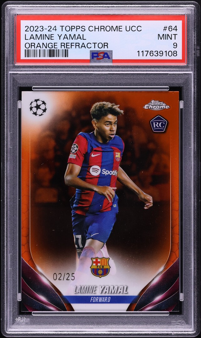 2023 Topps Chrome UCC Orange Refractor Lamine Yamal ROOKIE /25 #64 PSA 9 MINT