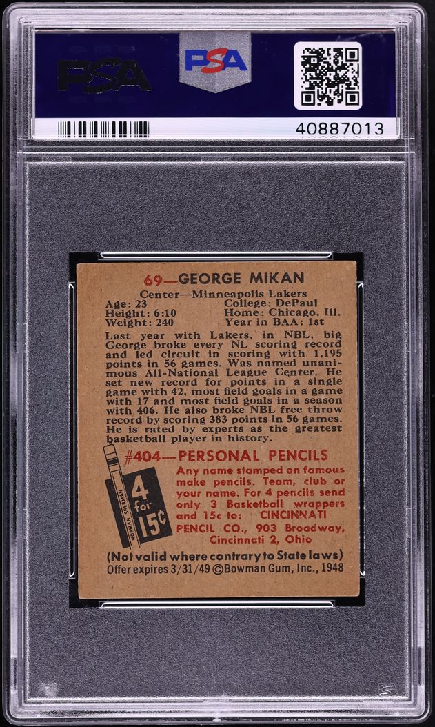 1948 Bowman Basketball George Mikan ROOKIE #69 PSA 6 EXMT