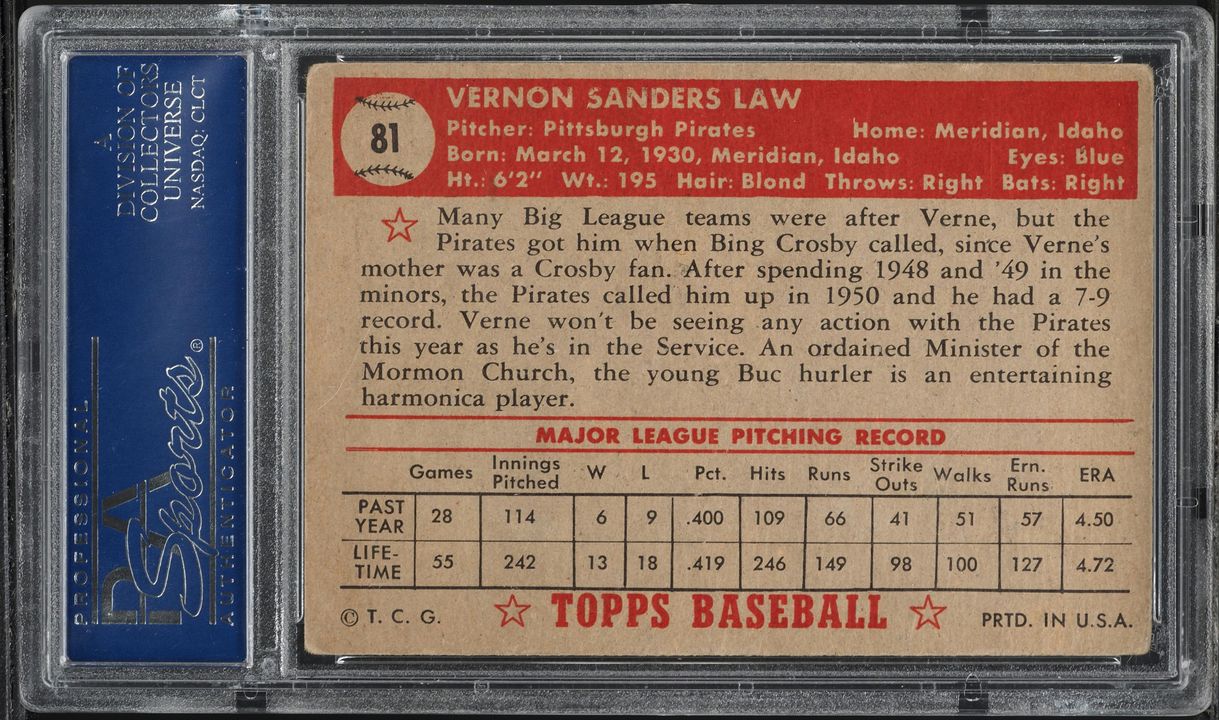 1952 Topps Vernon Law #81 PSA 3 VG