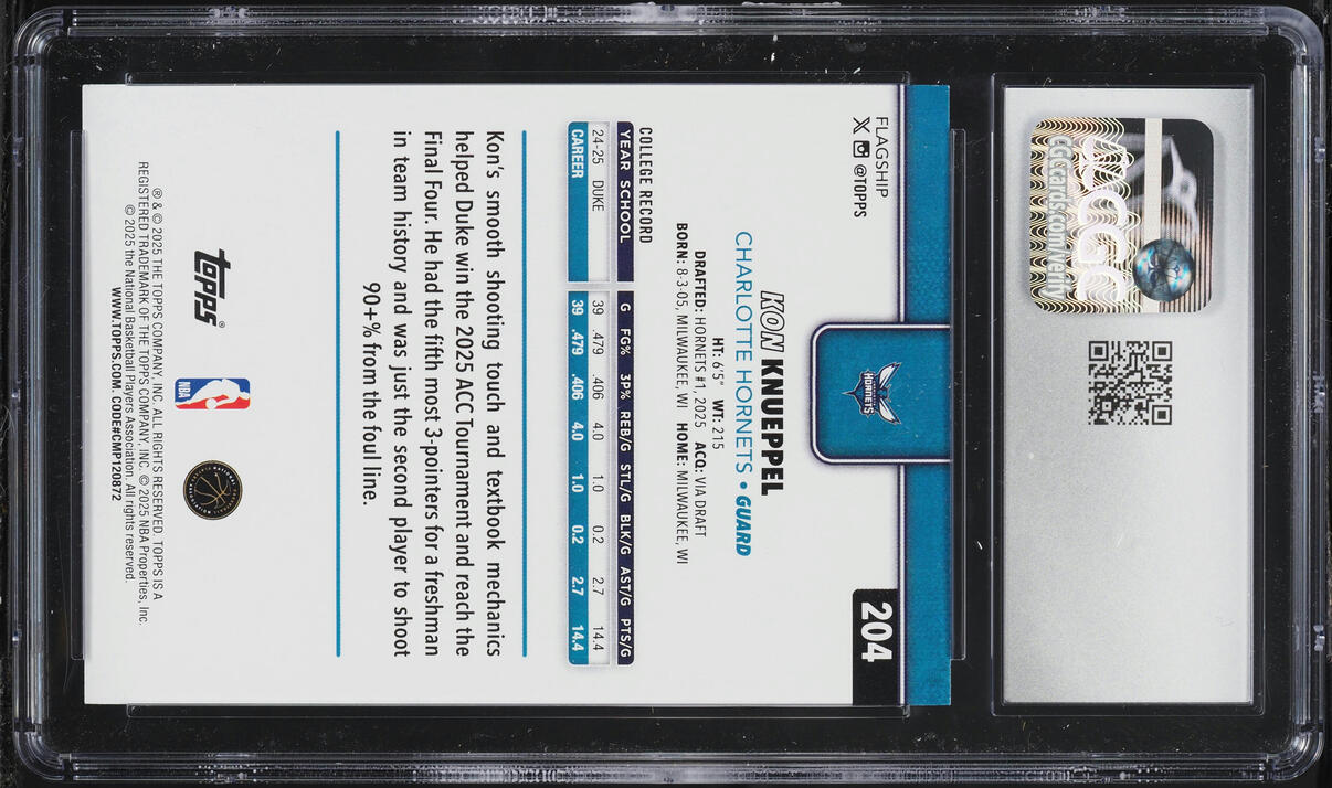 2025 Topps Basketball Kon Knueppel ROOKIE #204 CGC 8.5 NM-MT+