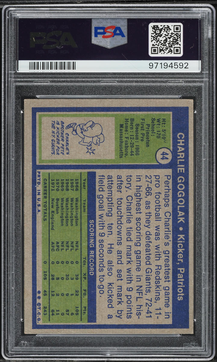 1972 Topps Football Charlie Gogolak #44 PSA 3 VG