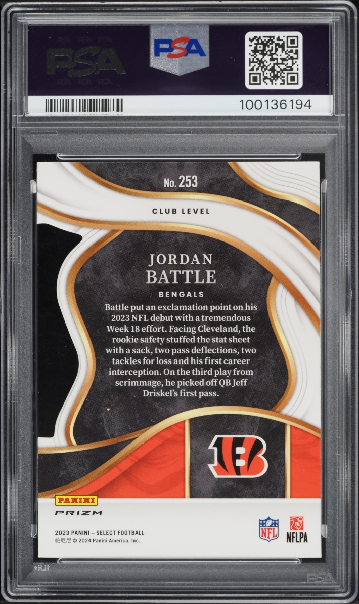 2023 Select Club Level Zebra Prizm Die-Cut Jordan Battle ROOKIE #253 PSA 10 GEM MINT