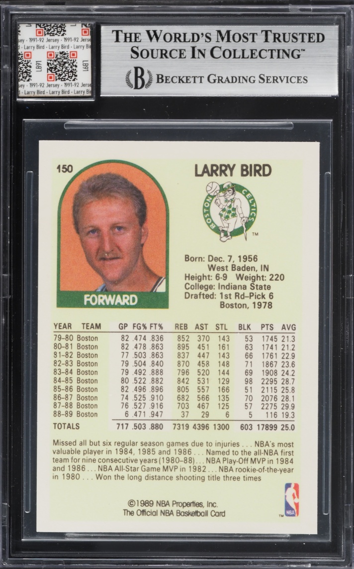 1989 Hoops Larry Bird GAME-USED PATCH #150 BGS AUTH