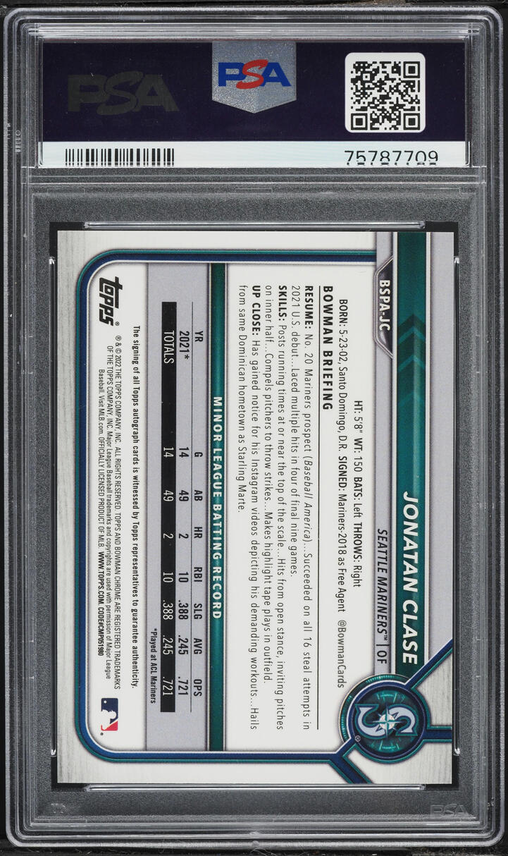 2022 Bowman Chrome Sapphire Edition Aqua Jonatan Clase PROSPECT AUTO /99 #BSPA-JC PSA 10 GEM