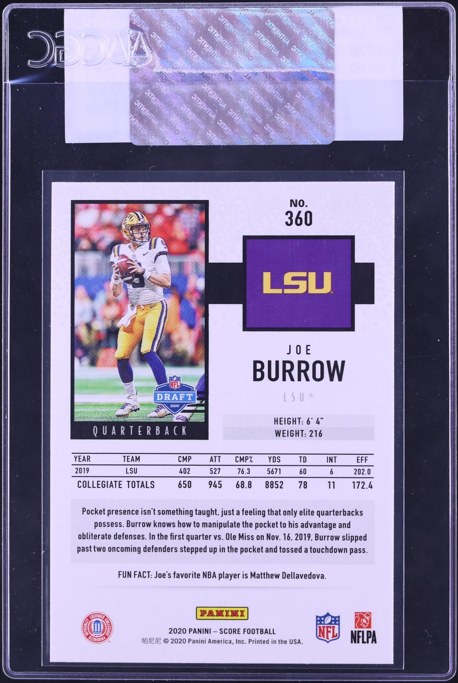 2020 Score Football Joe Burrow ROOKIE #360 CGC AUTH
