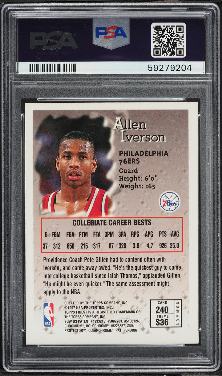 1996 Finest Basketball w/ Coating Allen Iverson ROOKIE #240 PSA 9 MINT