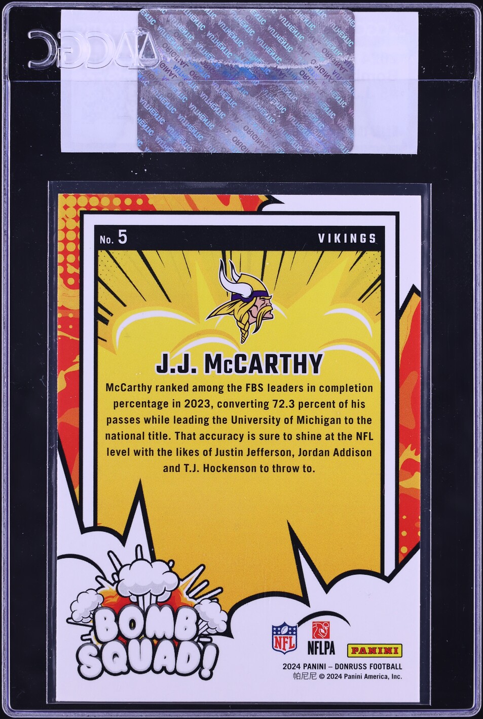 2024 Donruss Bomb Squad! J.J. McCarthy ROOKIE #5 CGC AUTH