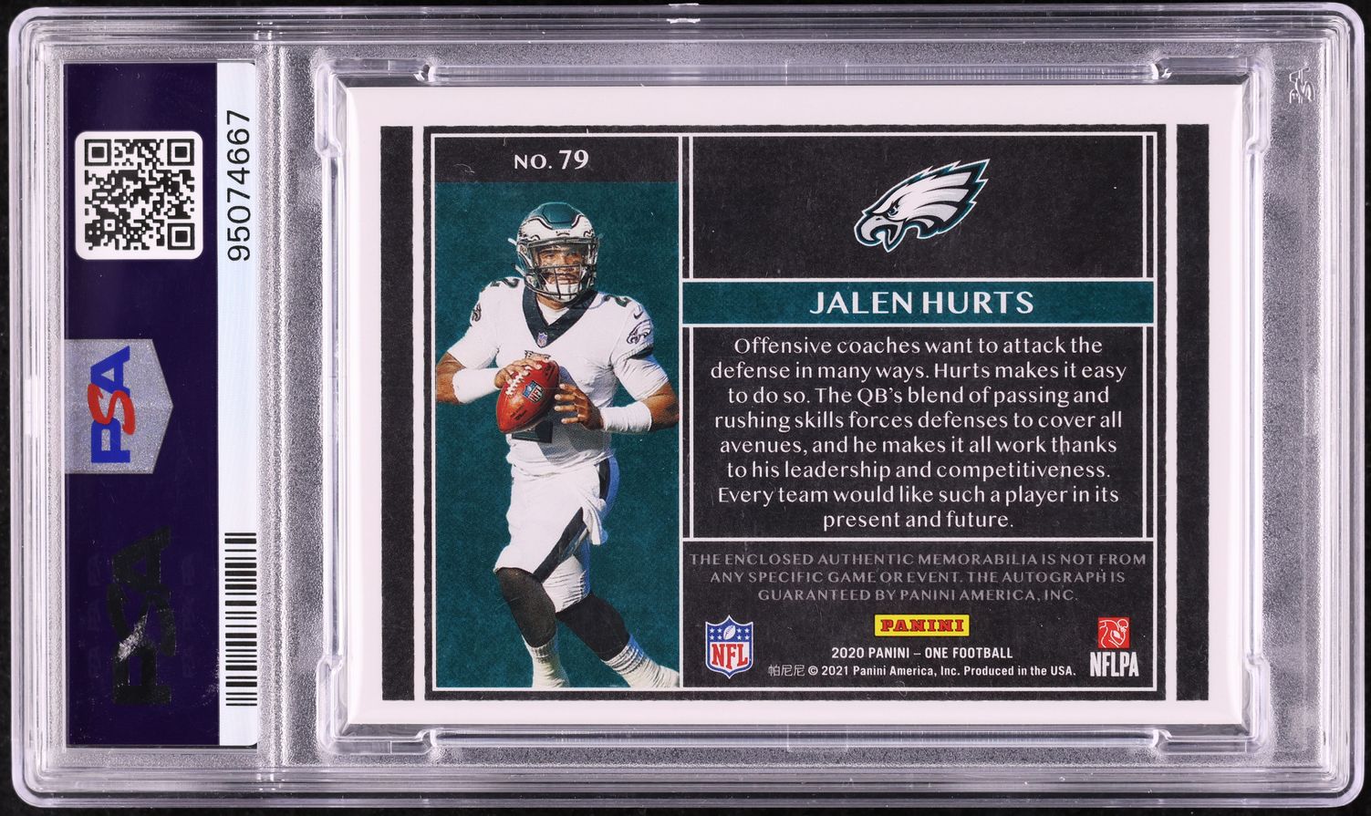 2020 Panini One Quad Jalen Hurts ROOKIE PATCH AUTO /99 #79 PSA 9 MINT