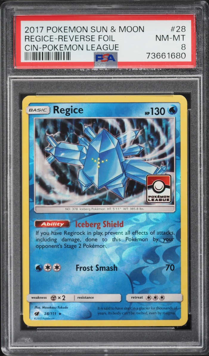 2017 Pokemon Sun & Moon Crimson Invasion Cin-Pokemon League Reverse Foil Regice #28 PSA 8 NM-MT