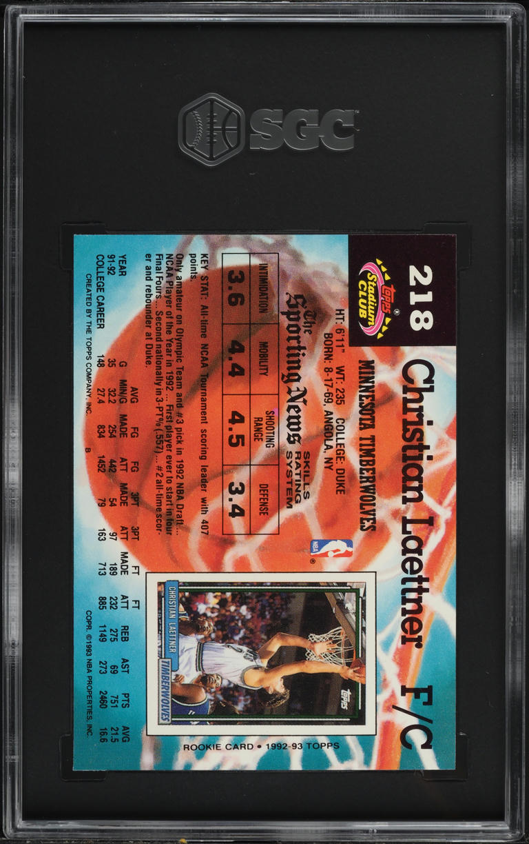 1992 Stadium Club Christian Laettner ROOKIE #218 SGC 8 NM-MT