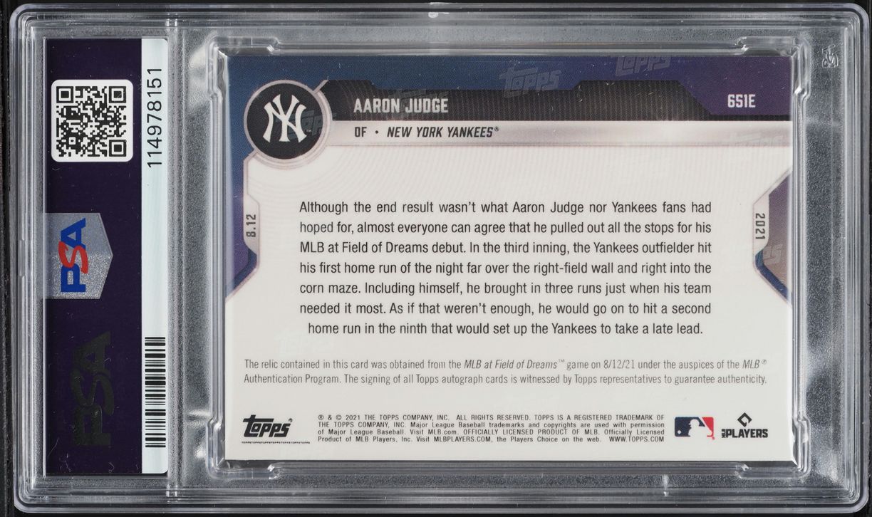 2021 Topps Now Orange Aaron Judge PATCH AUTO DNA 10 5/5 #651E PSA 8 NM-MT