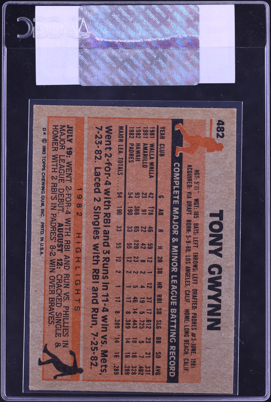 1983 Topps Tony Gwynn ROOKIE #482 CGC AUTH