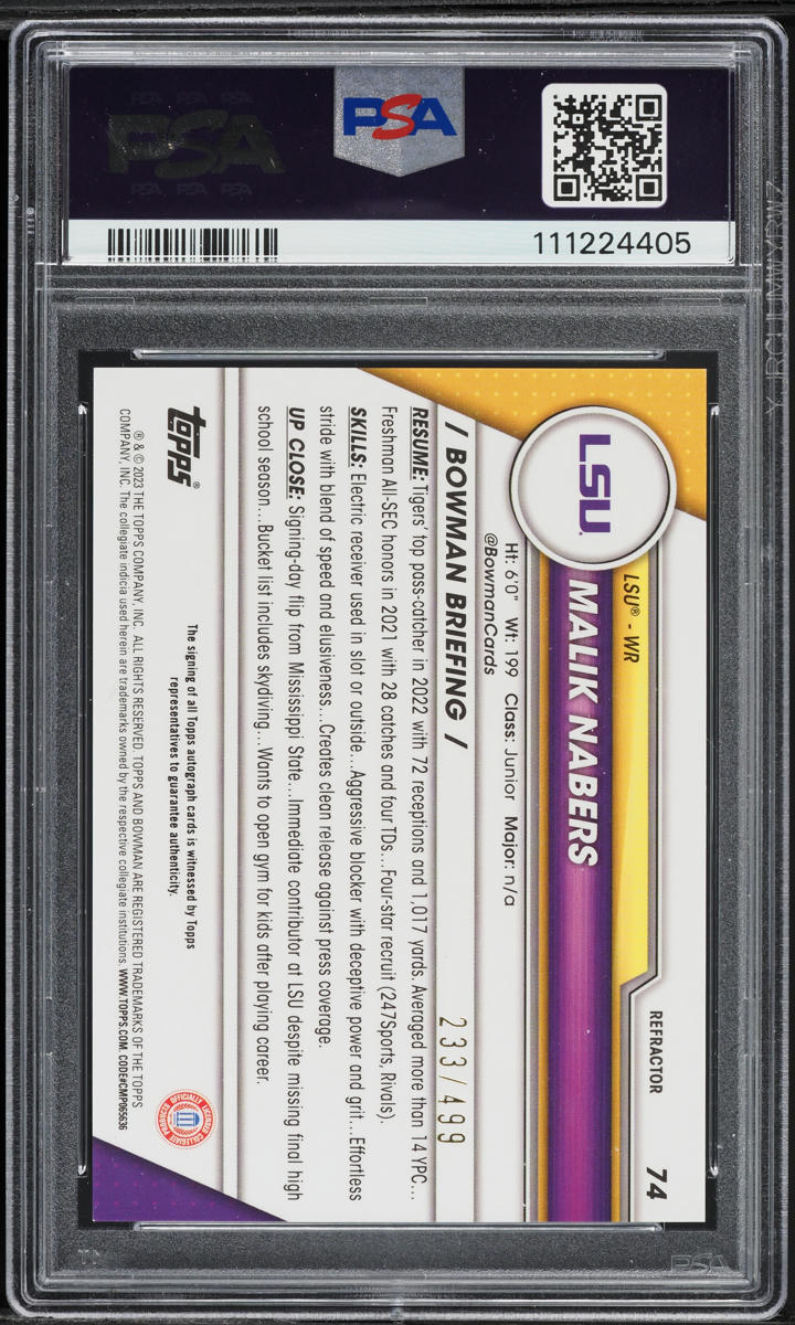 2023 Bowman Chrome University Malik Nabers ROOKIE AUTO /499 #74 PSA 9 MINT