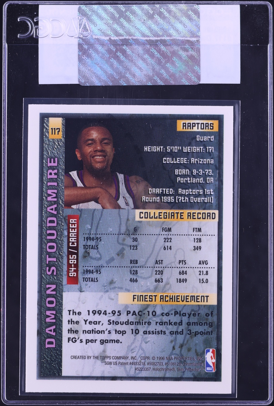 1995 Finest Basketball w/ Coating Damon Stoudamire ROOKIE #117 CGC AUTH