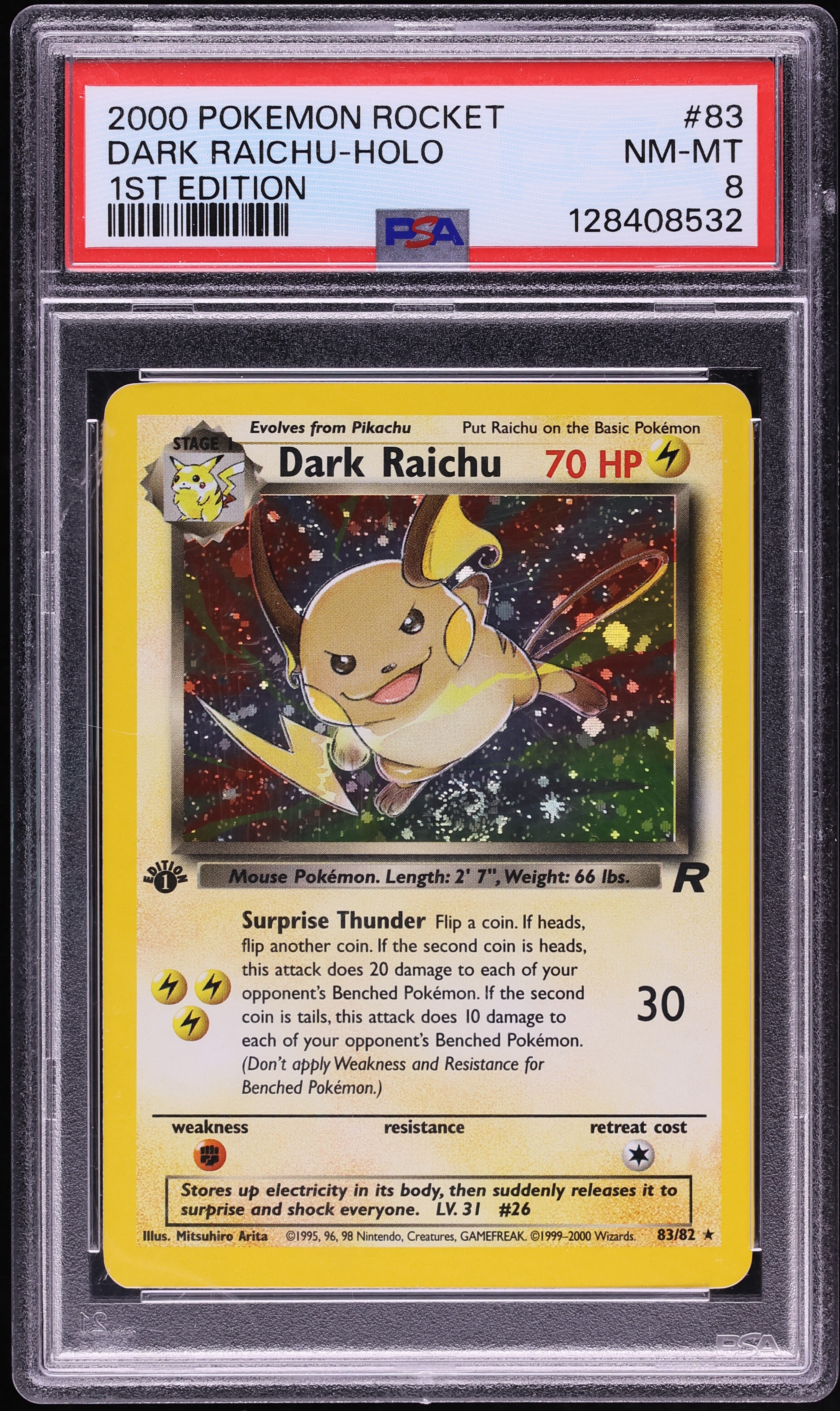 2000 Pokemon Team Rocket 1st Edition Holo Dark Raichu #83 PSA 8 NM-MT