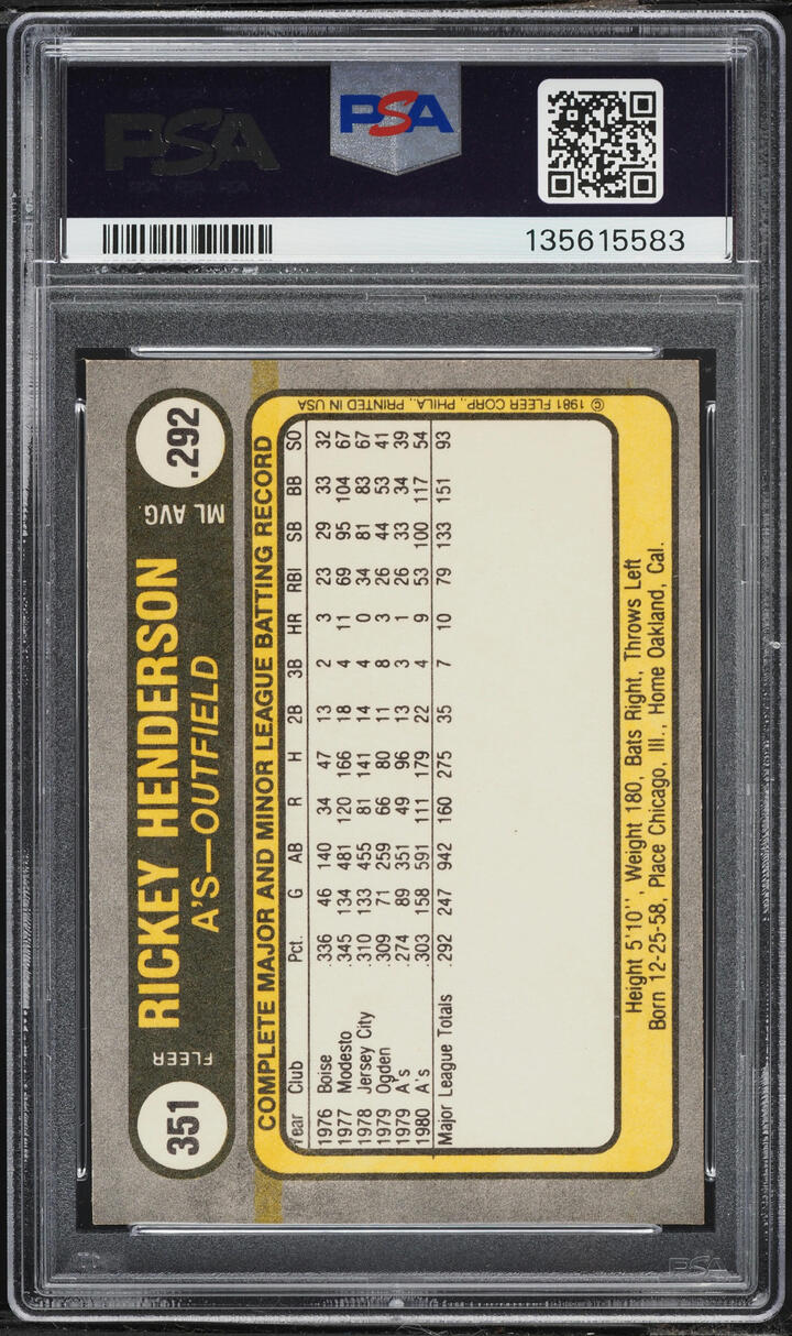 1981 Fleer Rickey Henderson #351 PSA 9 MINT