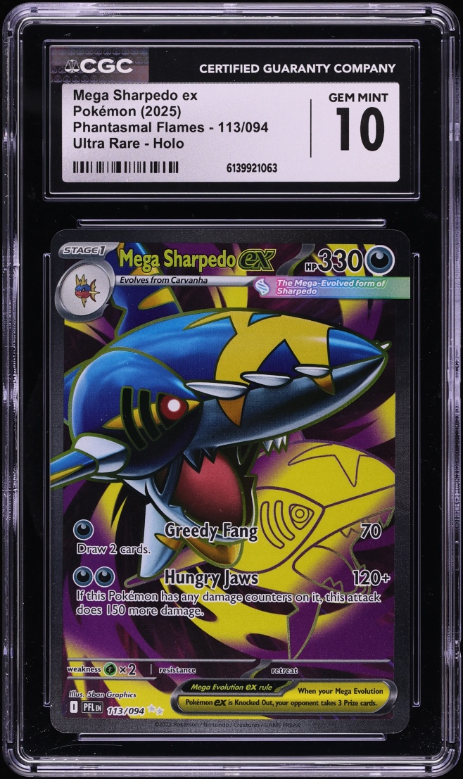 2025 Pokemon Mega Evolution Phantasmal Flames Full Art Mega Sharpedo Ex #113 CGC 10 GEM MINT