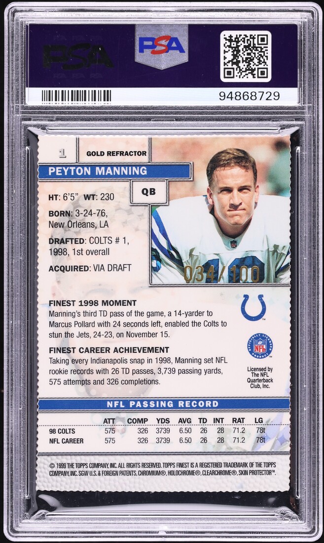 1999 Finest Gold Refractor Peyton Manning /100 #1 PSA 9 MINT