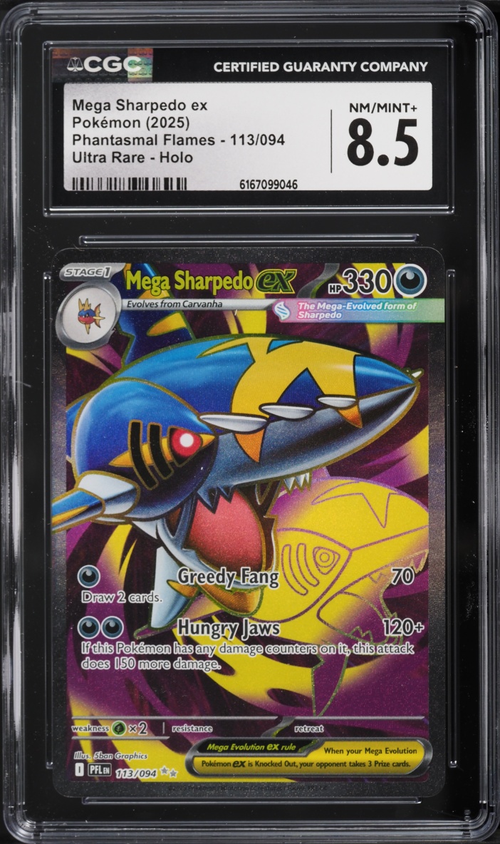 2025 Pokemon Mega Evolution Phantasmal Flames Full Art Mega Sharpedo Ex #113 CGC 8.5 NM-MT+