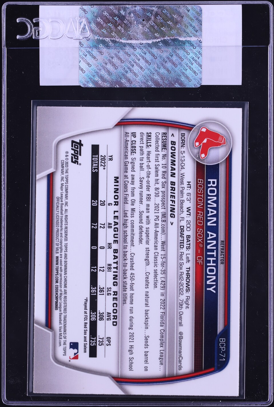 2023 Bowman Chrome Lunar Glow Refractor Roman Anthony PROSPECT #BCP-71 CGC AUTH