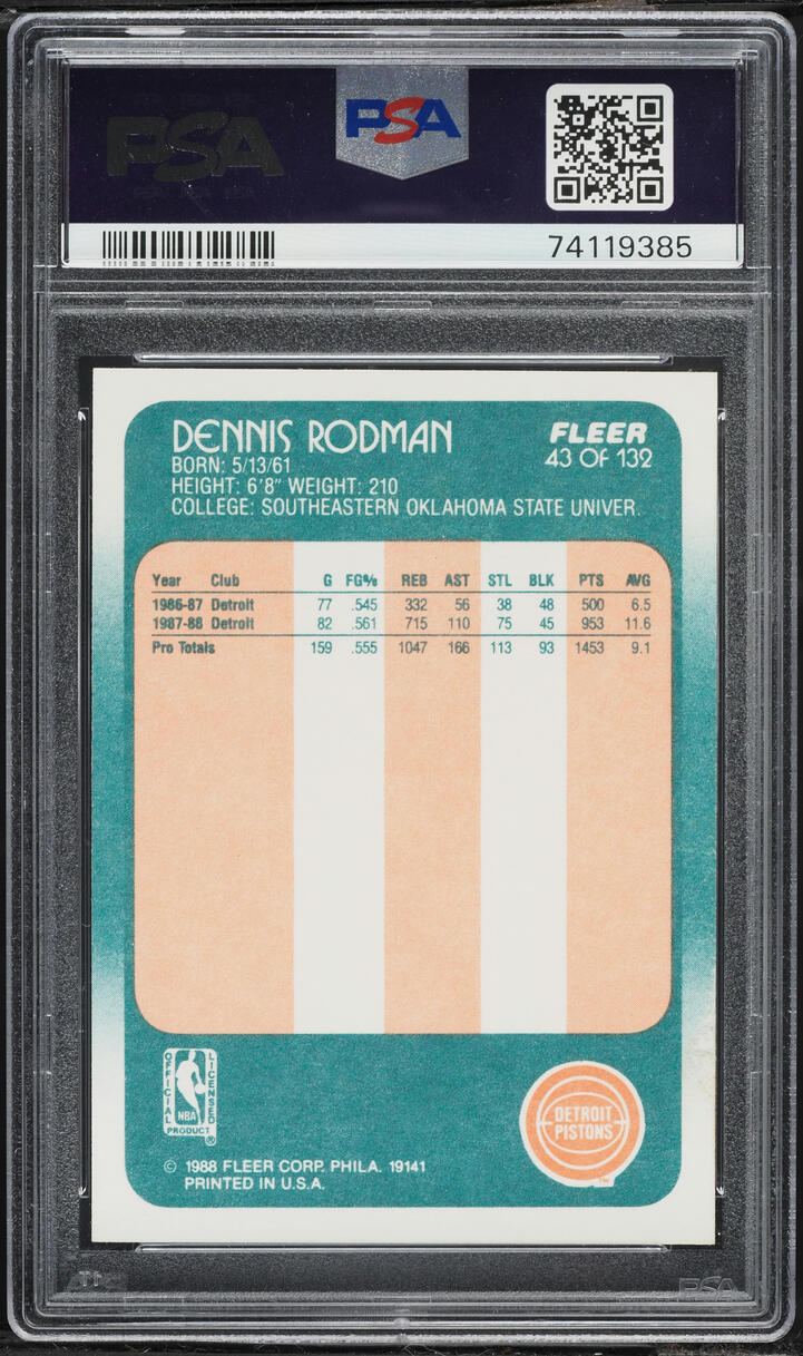 1988 Fleer Basketball Dennis Rodman ROOKIE #43 PSA 6 EXMT