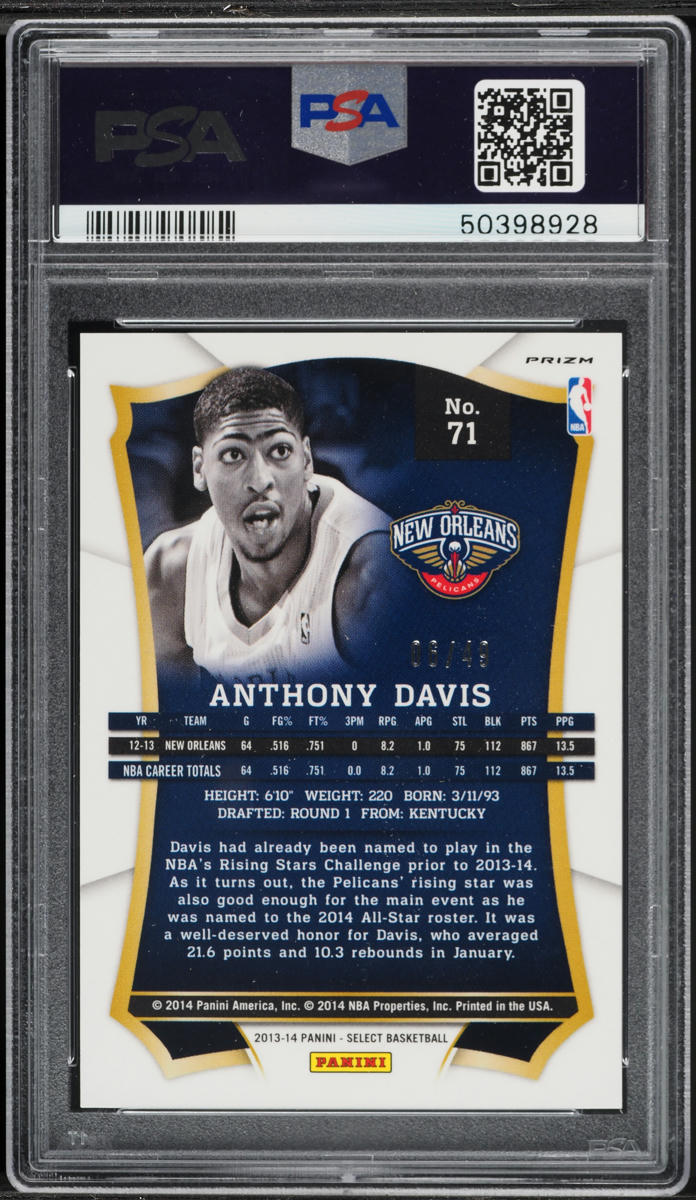 2013 Select Blue Prizm Anthony Davis /49 #71 PSA 10 GEM MINT