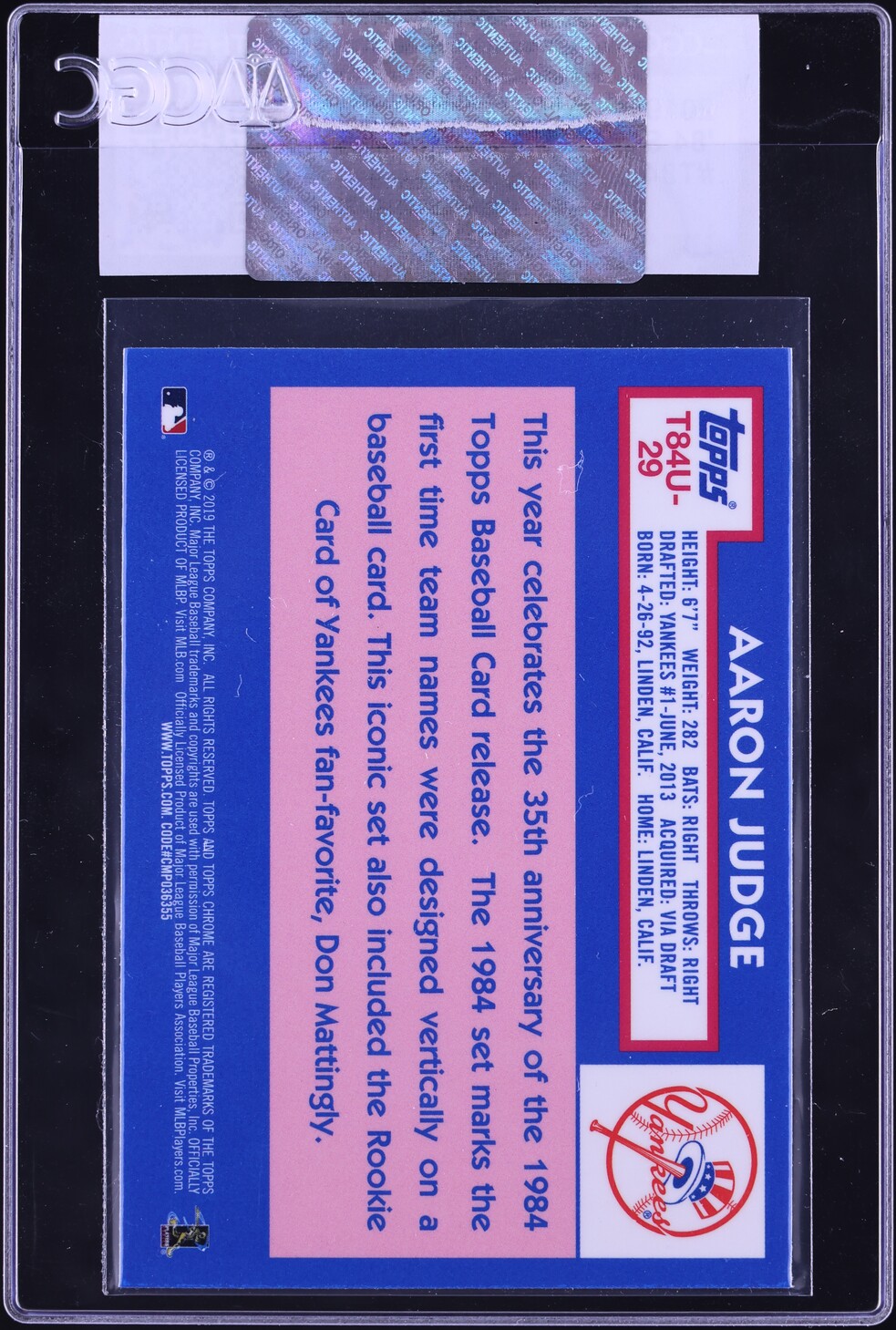 2019 Topps Update '84 Silver Pack Aaron Judge #T84U-29 CGC AUTH