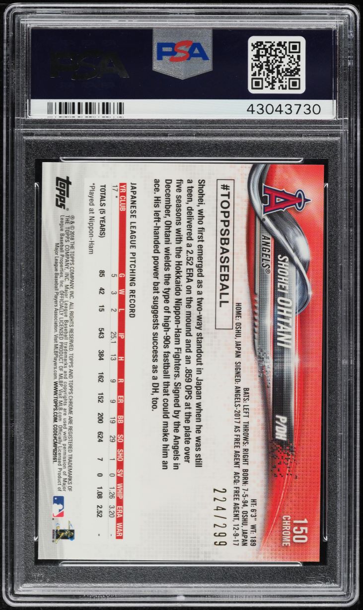 2018 Topps Chrome Purple Refractor Shohei Ohtani ROOKIE /299 #150 PSA 10 GEM