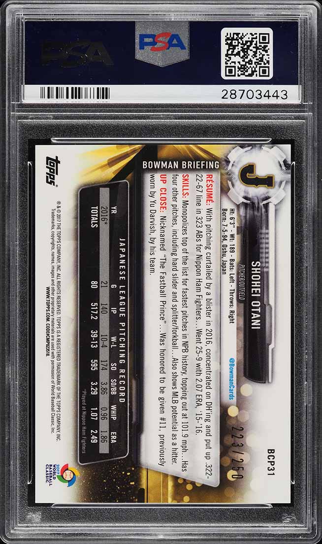 2017 Bowman Chrome Mega Box Purple Shohei Ohtani PROSPECT /250 #BCP31 PSA 10 GEM MINT