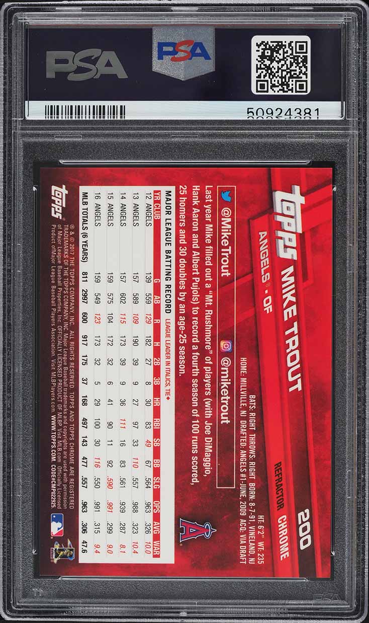 2017 Topps Chrome White Jersey Xfractor Mike Trout #200 PSA 10 GEM MINT