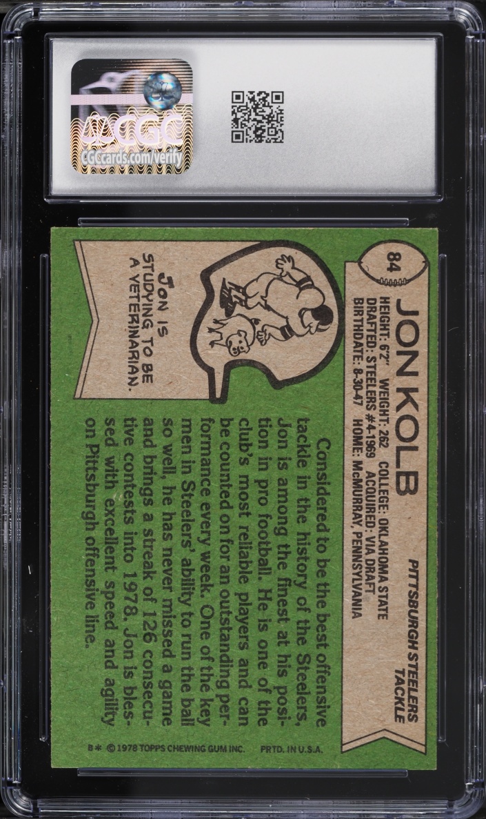 1978 Topps Football Jon Kolb #84 CGC 6 EXMT