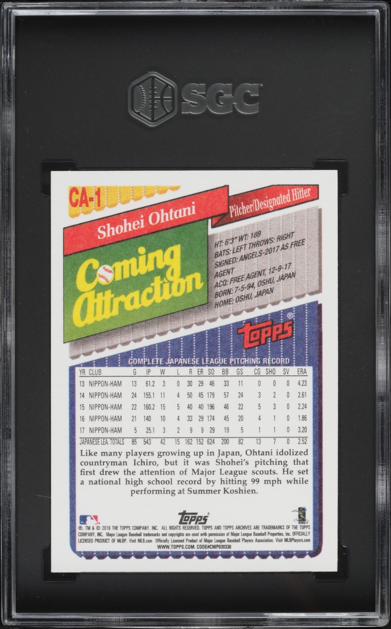 2018 Topps Archives Coming Attraction Shohei Ohtani ROOKIE #CA-1 SGC 10 GEM MINT