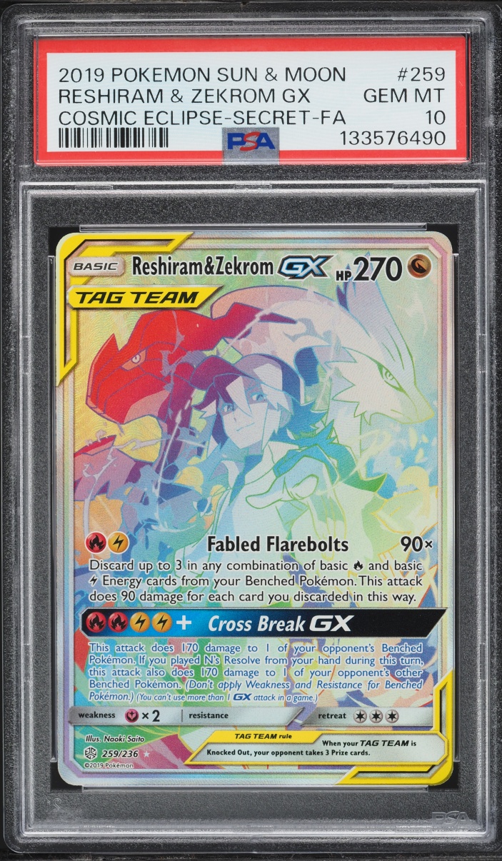 2019 Pokemon Sun & Moon Cosmic Eclipse Rainbow Rare Reshiram & Zekrom GX #259 PSA 10 GEM MINT