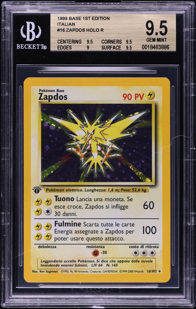 1999 Pokemon Italian Base Set 1st Edition Holo Zapdos #16 BGS 9.5 GEM MINT