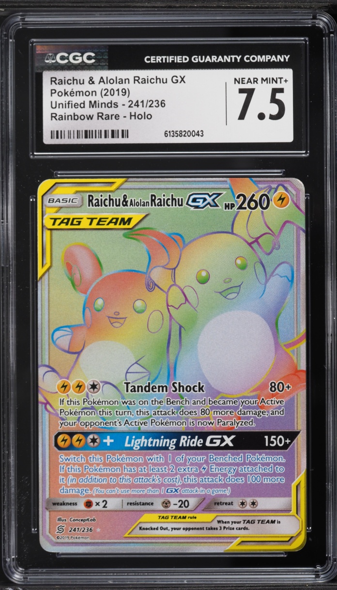 2019 Pokemon Sun & Moon Unified Mind Rainbow Rare Raichu & Alolan Raichu GX #241 CGC 7.5 NRMT+