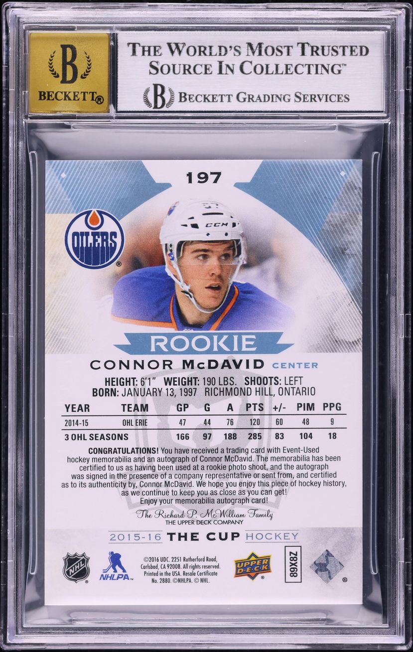 2015 Upper Deck The Cup Connor McDavid ROOKIE PATCH AUTO /99 #197 BGS 9 MINT