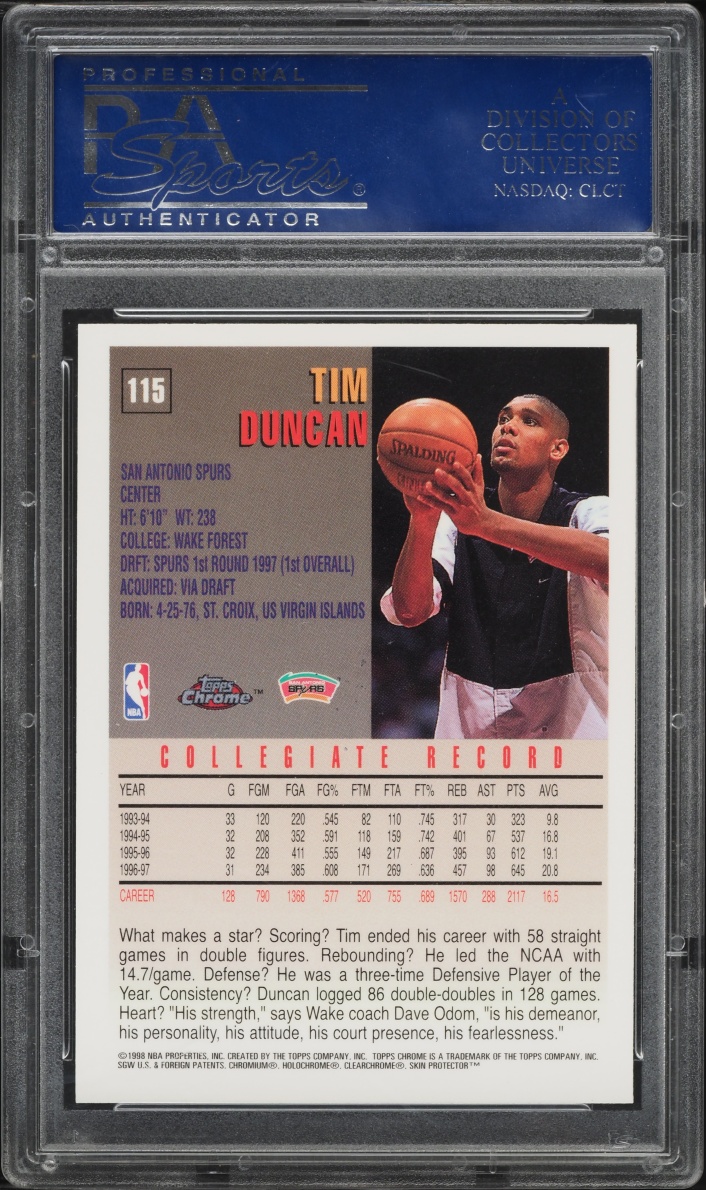 1997 Topps Chrome Tim Duncan ROOKIE #115 PSA 10 GEM MINT