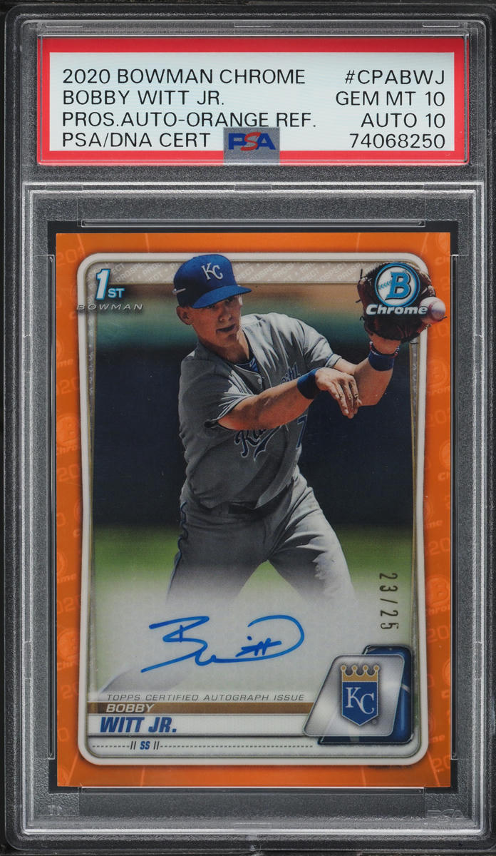 2020 Bowman Chrome Orange Refractor Bobby Witt Jr. ROOKIE AUTO DNA 10 /25 PSA 10