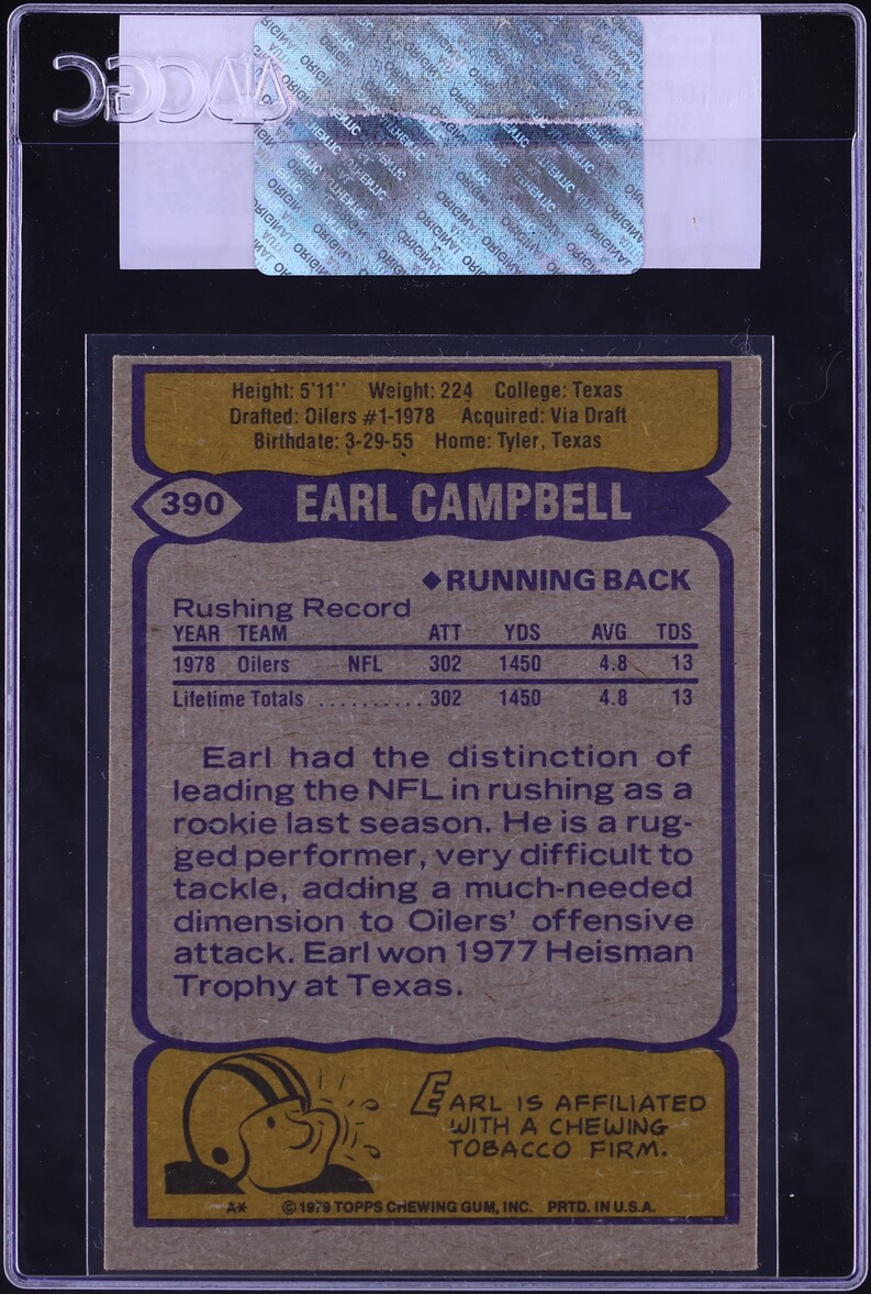 1979 Topps Football Earl Campbell ROOKIE, ALL PRO #390 CGC AUTH
