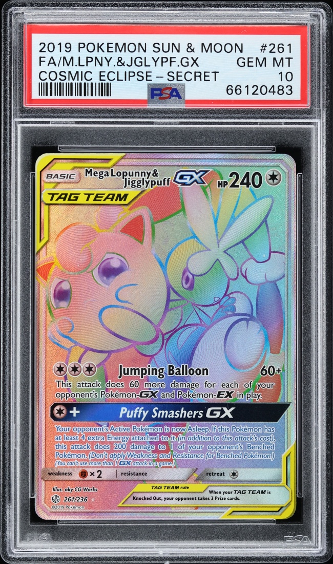 2019 Pokemon Sun & Moon Cosmic Eclipse Rainbow Rare Mega Lopunny Jigglypuff GX #261 PSA 10 GEM