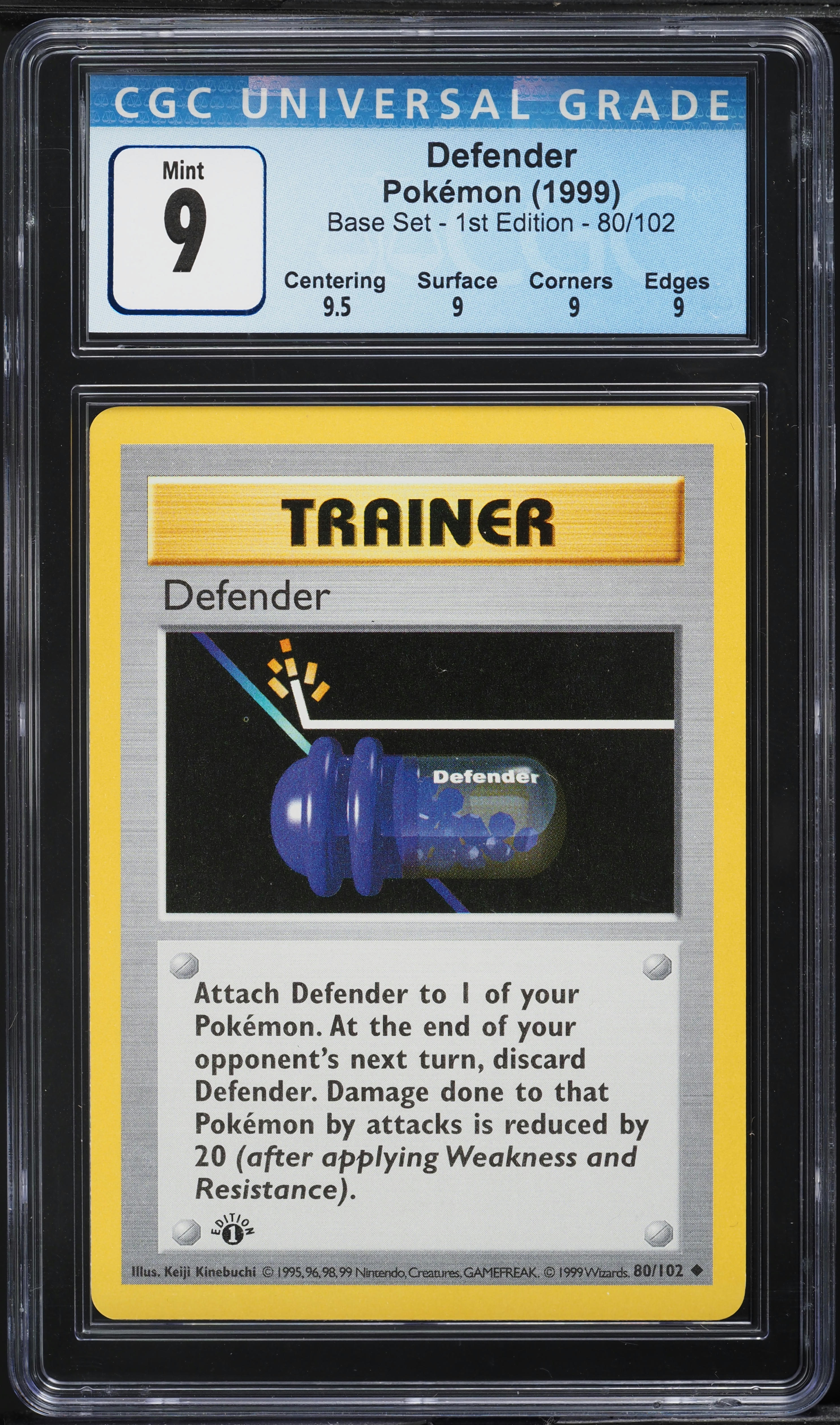 1999 Pokemon Base Set Shadowless 1st Edition Defender #80 CGC 9 MINT