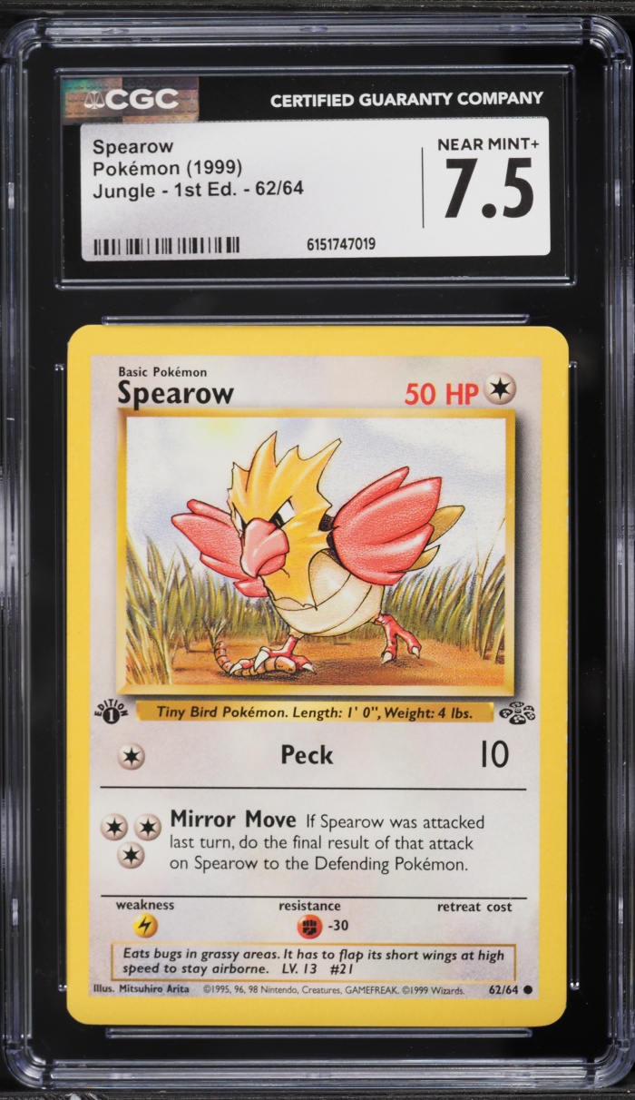 1999 Pokemon Jungle 1st Edition Spearow #62 CGC 7.5 NRMT+