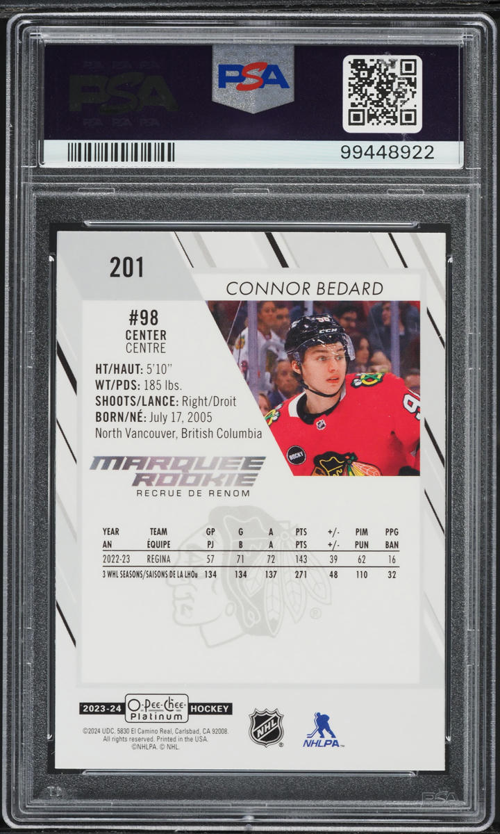 2023 O-Pee-Chee Platinum Connor Bedard ROOKIE #201 PSA 7 NRMT