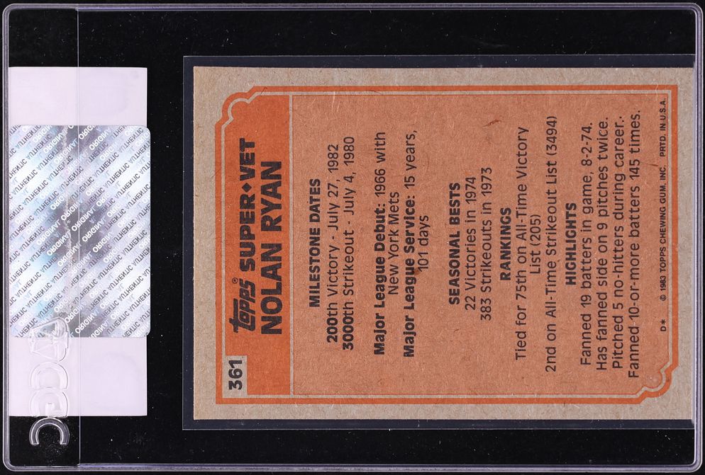 1983 Topps Nolan Ryan SUPER VETERAN #361 CGC AUTH