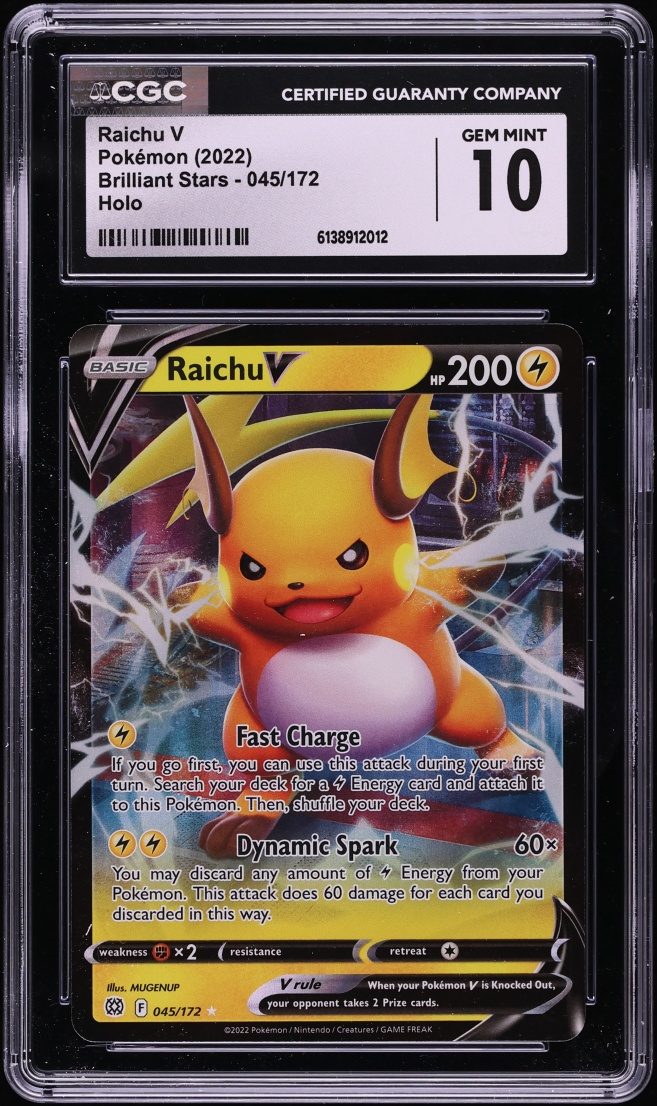 2022 Pokemon Sword & Shield Brilliant Stars Holo Raichu V #45 CGC 10 GEM MINT