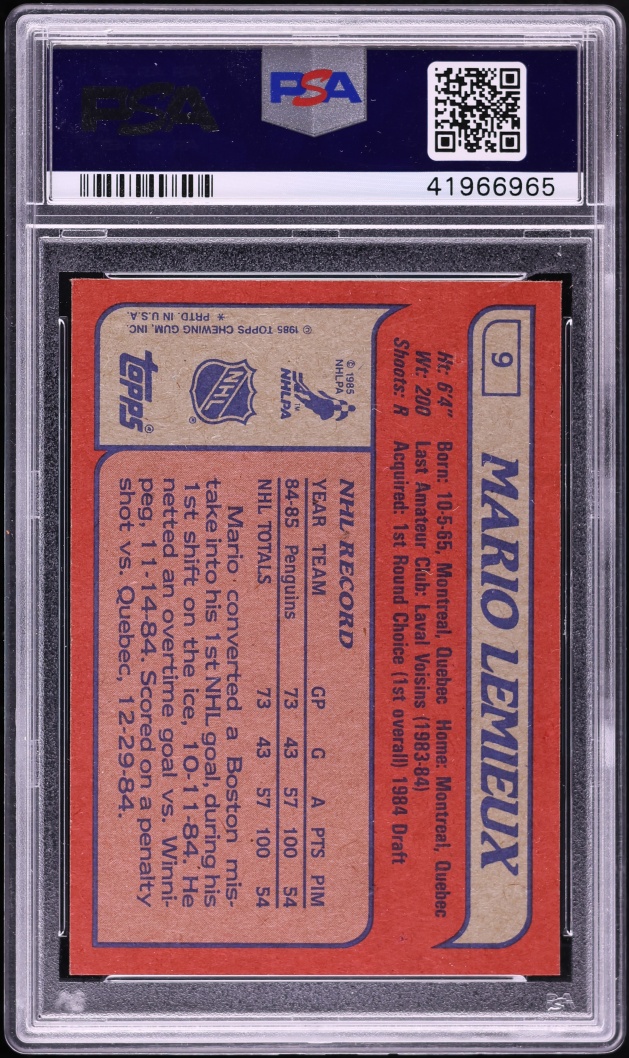 1985 Topps Hockey Mario Lemieux ROOKIE #9 PSA 9 MINT