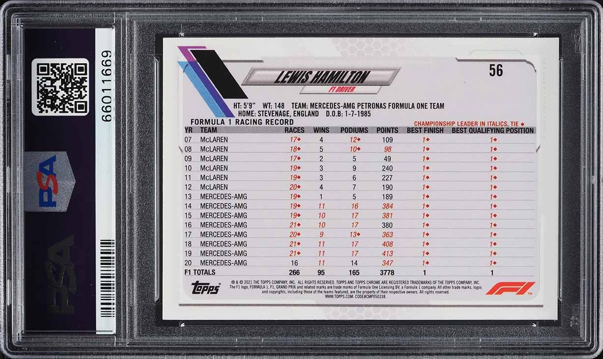 2021 Topps Chrome Formula 1 F1 Sapphire Lewis Hamilton #56 PSA 10 GEM MINT